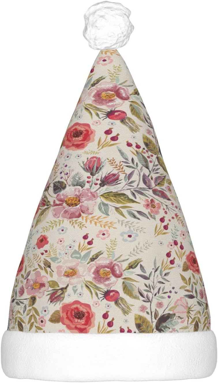 Flower Leaf Print Christmas Santa Hat Plush Light Up Funny Adult Party Hat