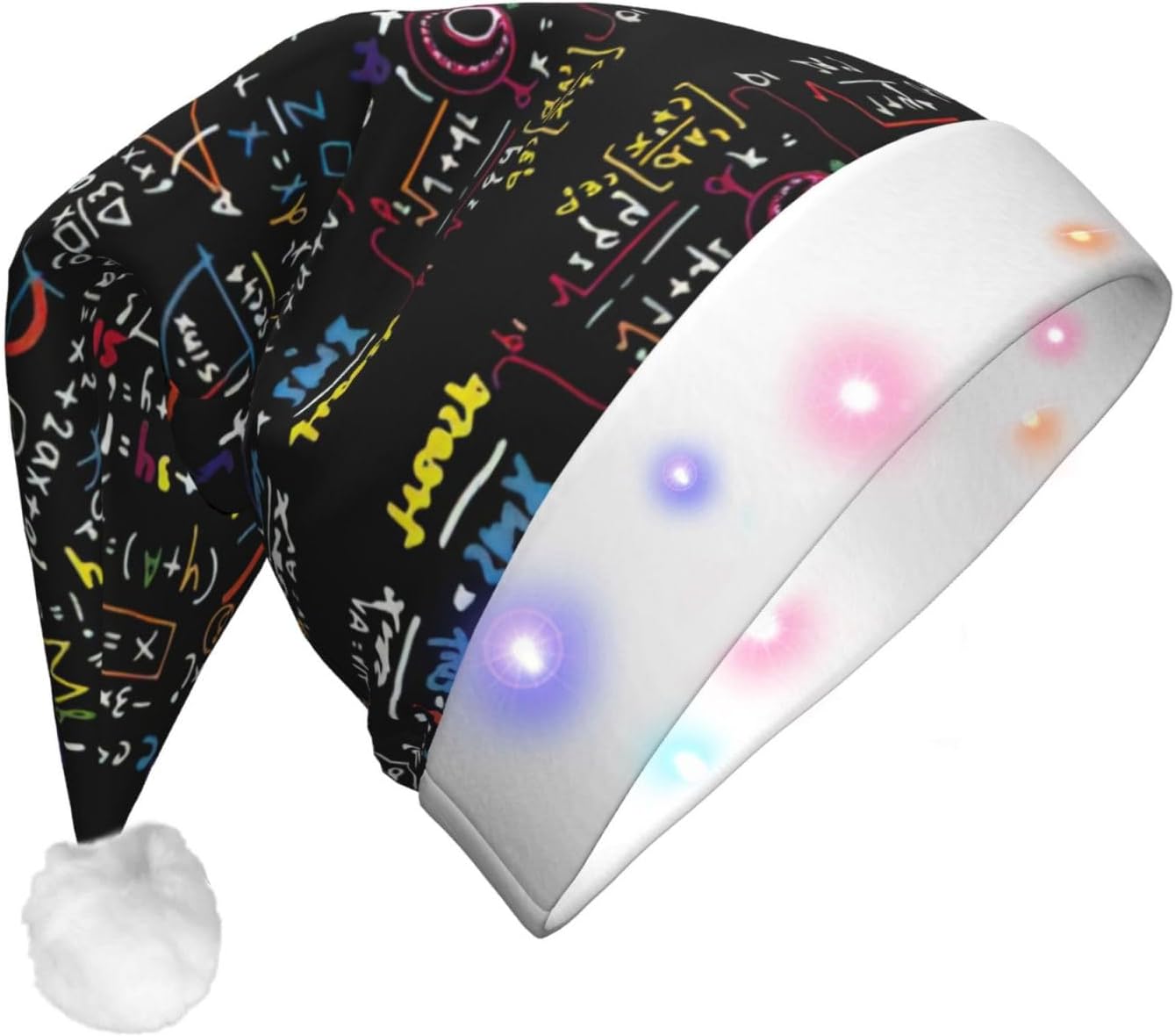 Math Formula Print LED Christmas Santa Hat Plush for Adults