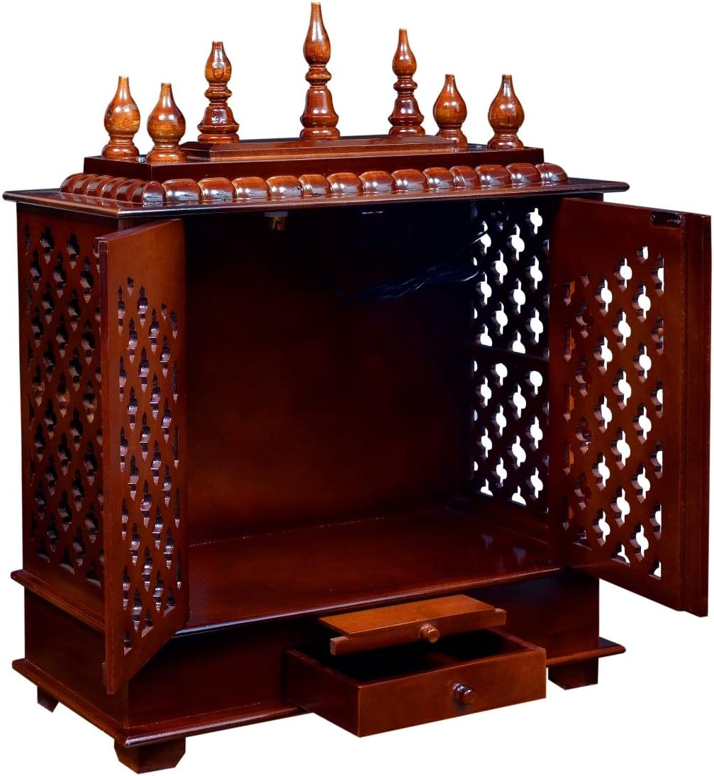 Craftlia Brown Wood Rustic Temple with Light Drawer and Shelf