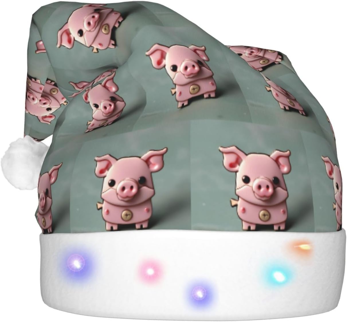 Pink Pig Print Christmas Santa Hat Plush Light Up for Adult