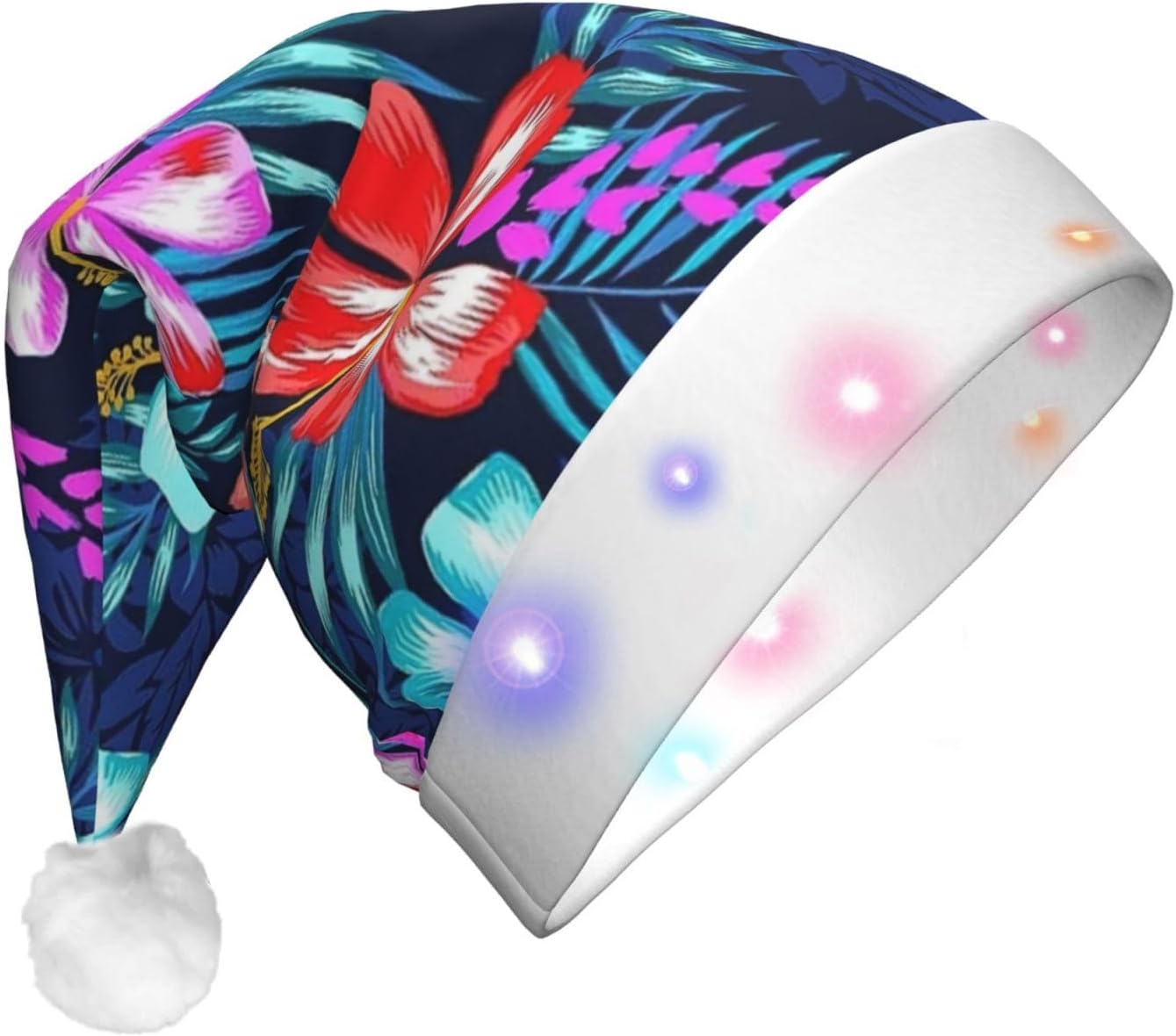 Qin Zheng Floral Blue Santa Hat with LED Lights