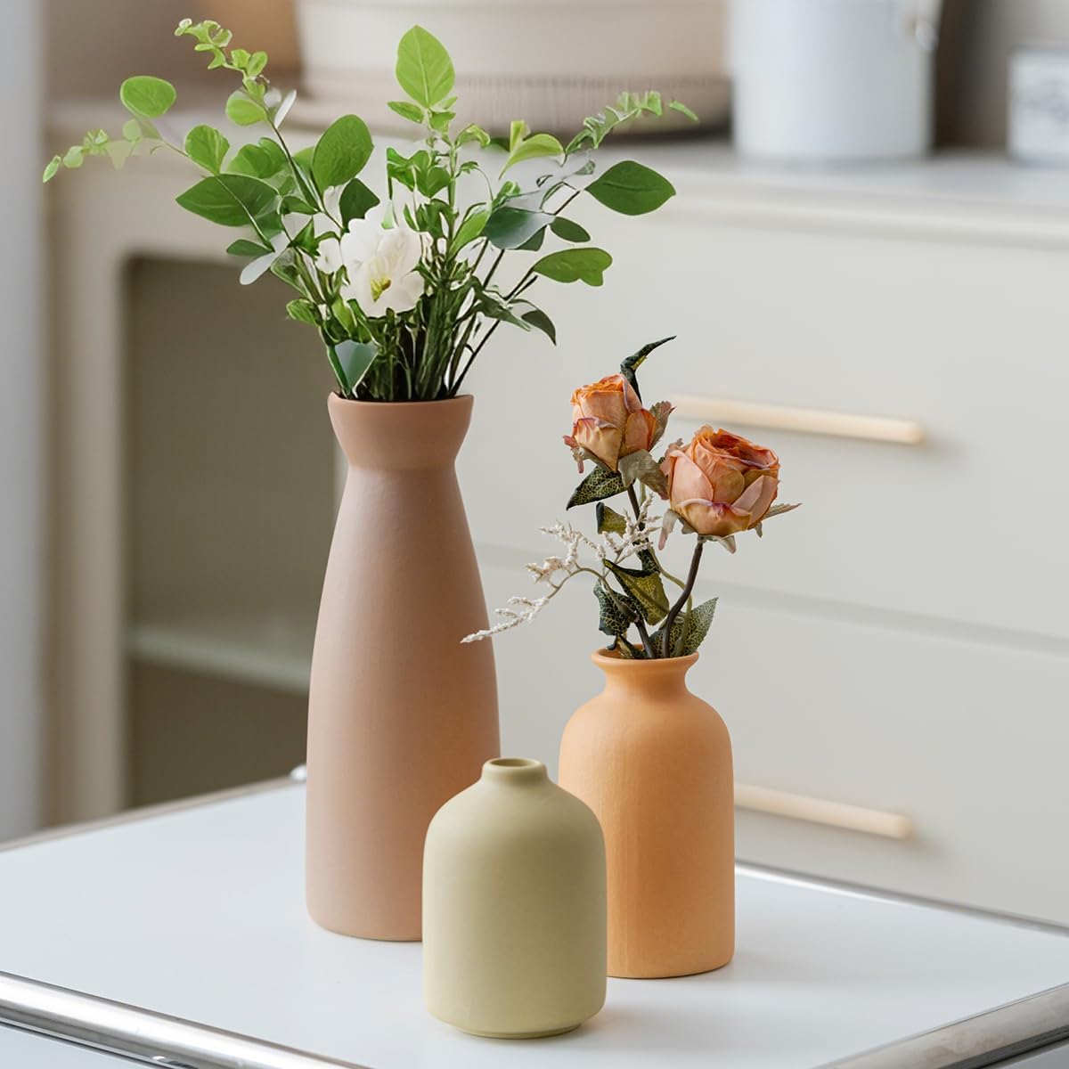 Distressed Ceramic Vase Set of 3 Modern Bohemian Decor