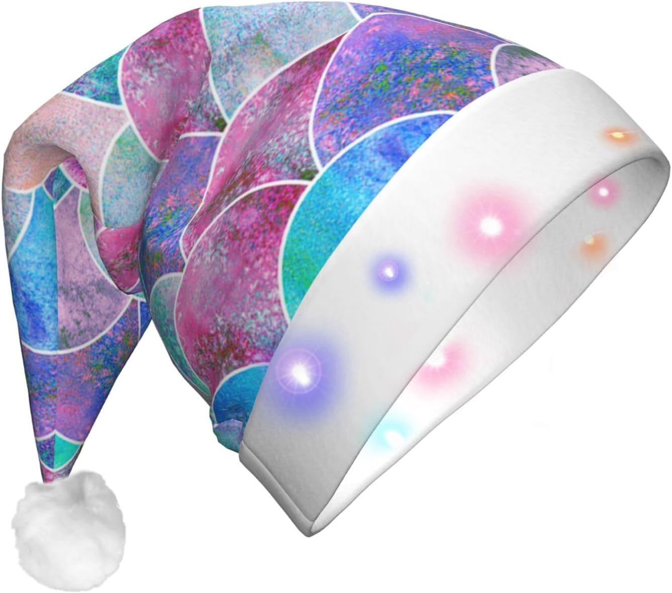 Fish Scale Ocean Print LED Santa Hat for Adults Christmas Party