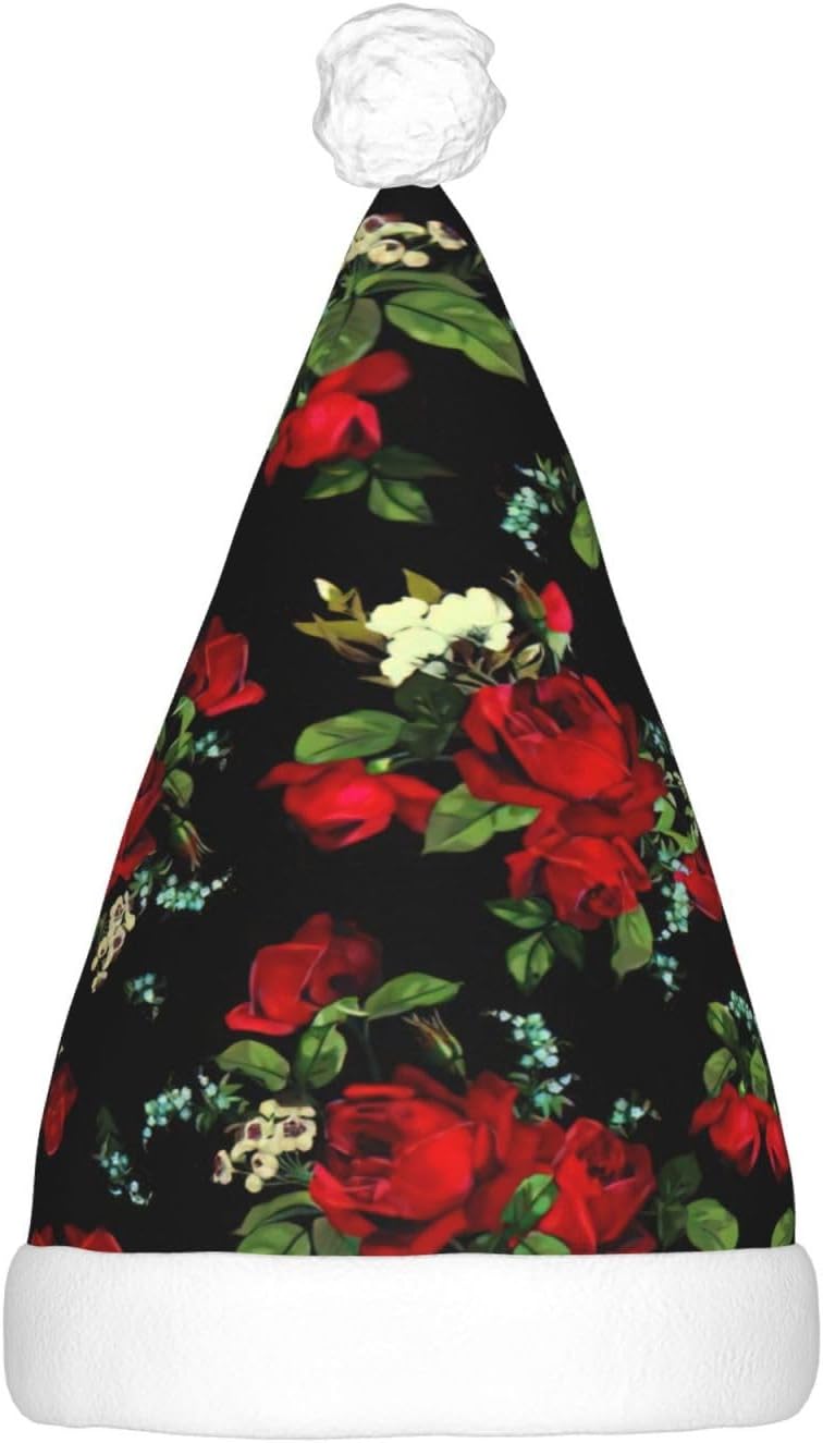 Beautiful Rose Print Christmas Santa Hat Plush Light Up Funny Adult Hat