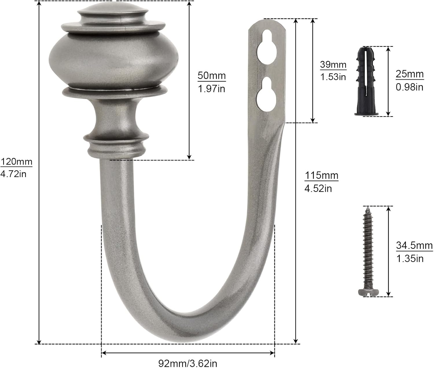 Curtain Holdbacks 4 Pack Grey Wall Mounted Hooks