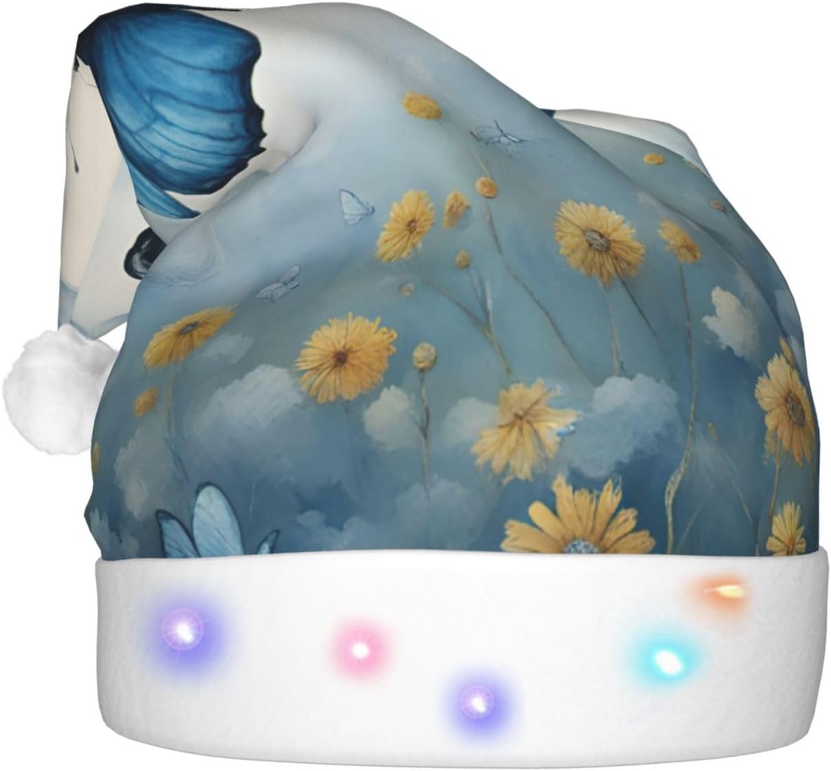 QINZHENG Blue Butterfly Velvet Santa Hat with LED Lights