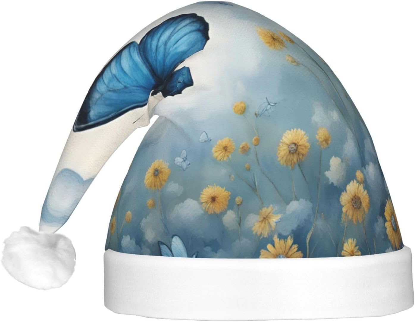 QINZHENG Blue Butterfly Velvet Santa Hat with LED Lights