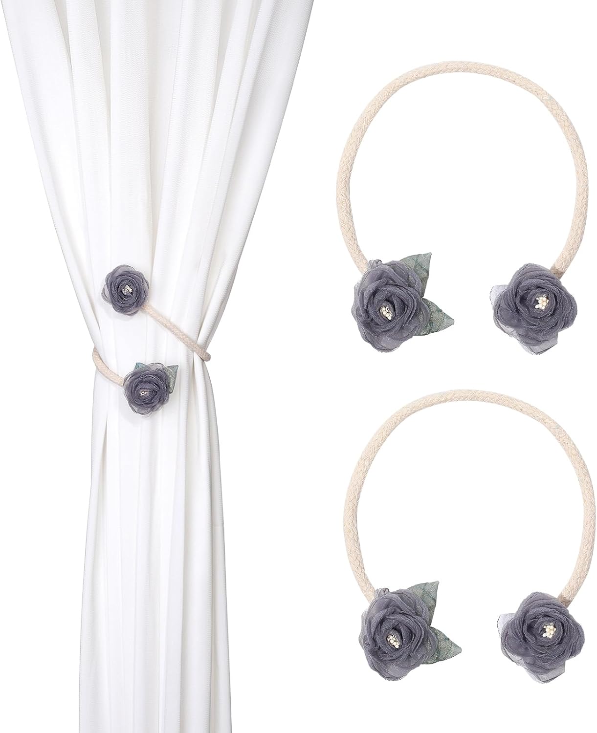 Handmade Artificial Rose Flower Curtain Holdbacks Gray