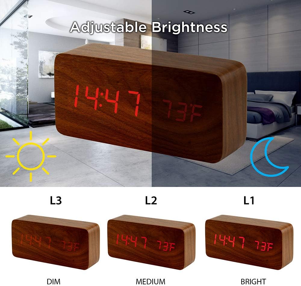OCT17 Brown Wooden Digital Alarm Clock with Thermometer and Voice Control