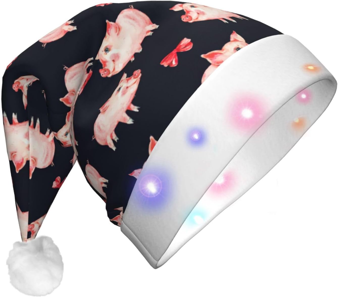 Red Cute Piggy Print LED Light-Up Santa Hat for Adults