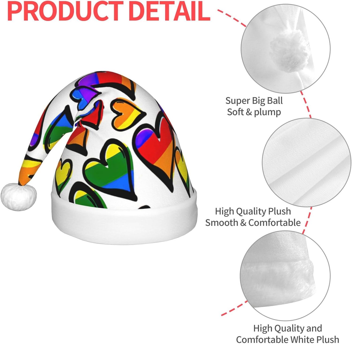 Rainbow Colored Gay Pride Hearts Christmas Santa Hat