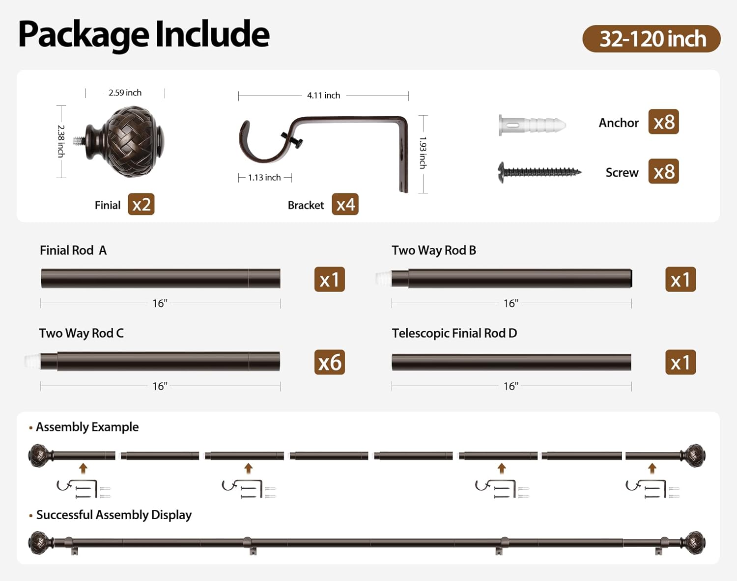 TONIAL Curtain Rod 32 to 120 Inches Bronze Adjustable Single Rods