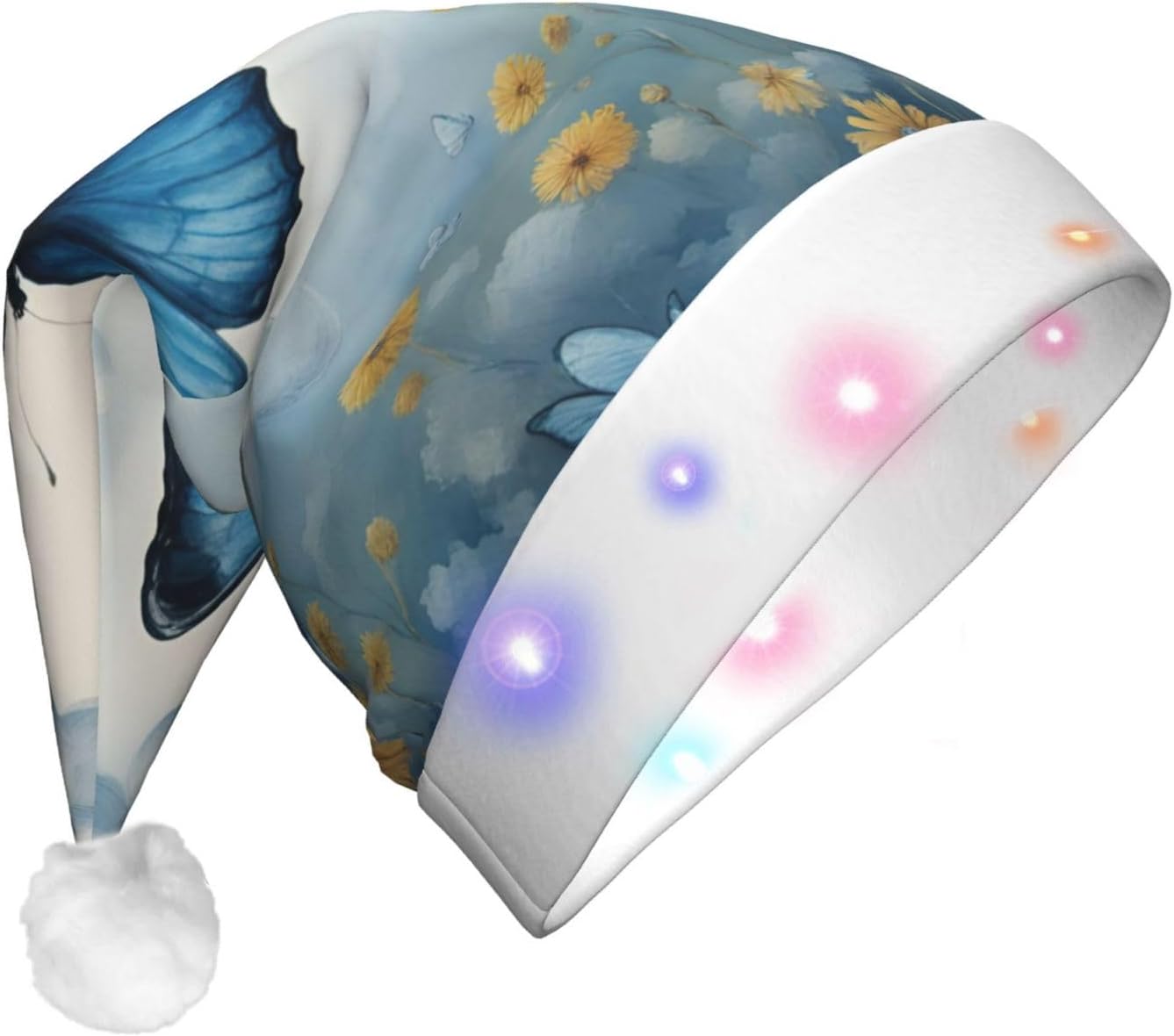 QINZHENG Blue Butterfly Velvet Santa Hat with LED Lights