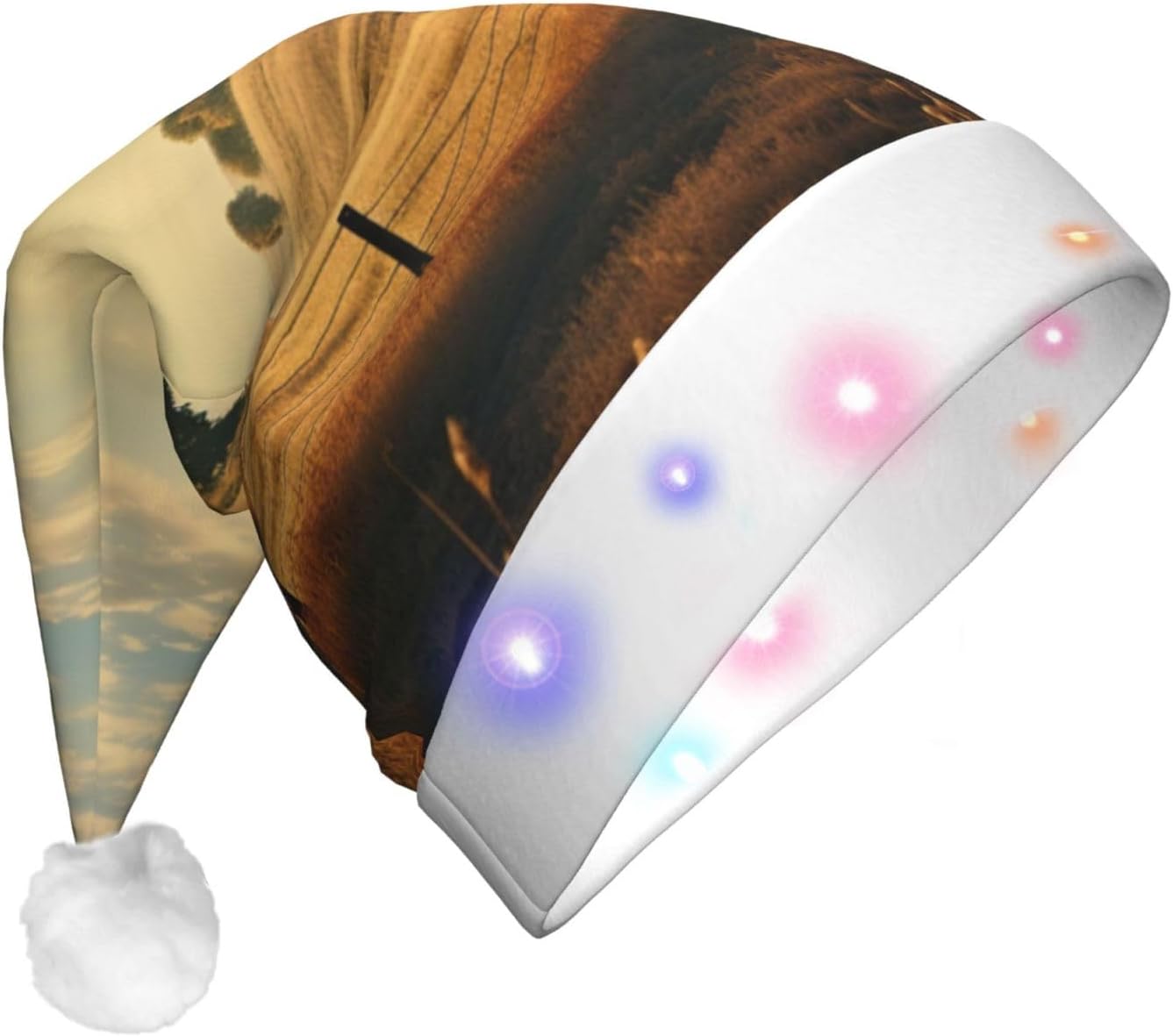 Country Lifestyle Print Christmas Santa Hat Plush Light Up for Adult