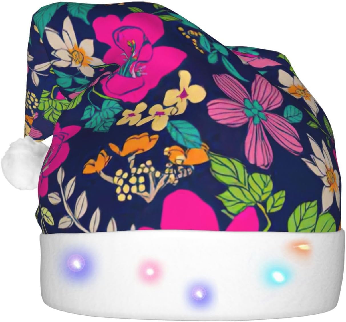 Flowers Print Christmas Santa Hat Plush with LED Light for Adults