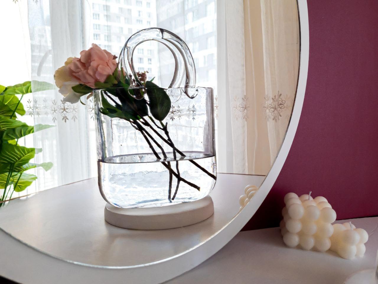 OLEEK Glass Purse Vase - 10 Inch Blue Centerpiece Decor