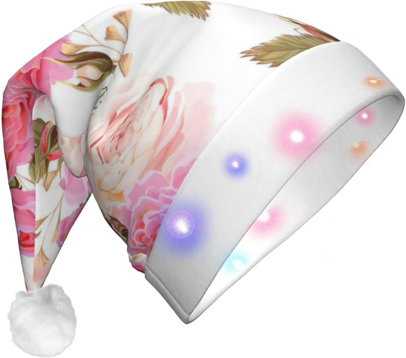 QINZHENG Rose Print LED Santa Hat for Christmas Party