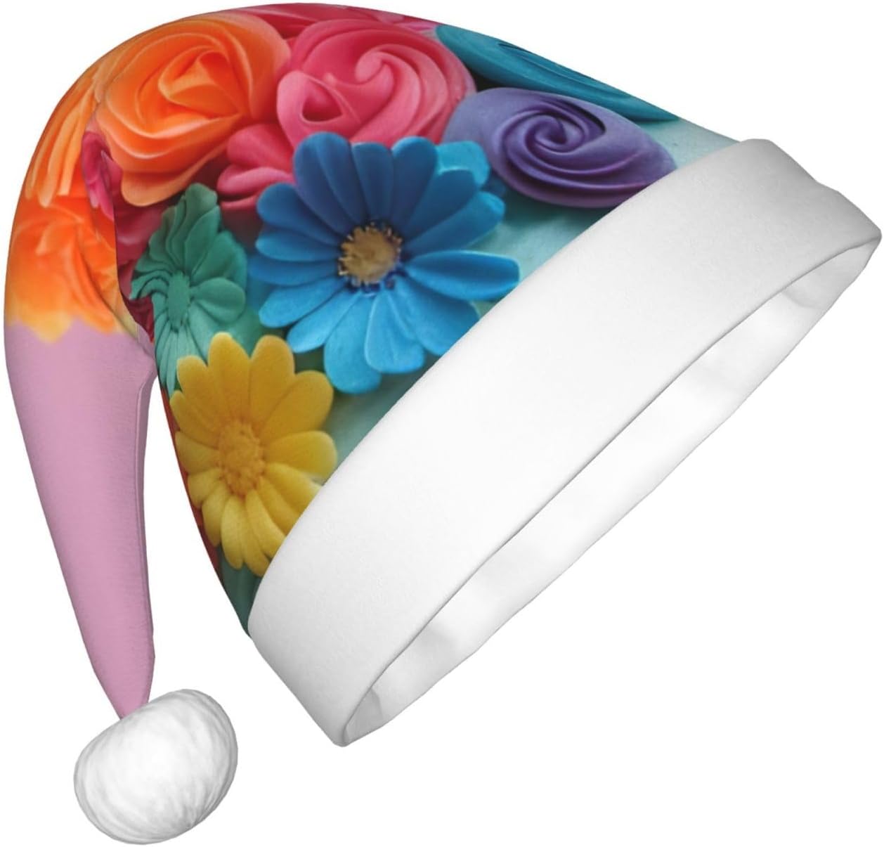 Colorful Cupcakes Santa Hat with Plush Trim
