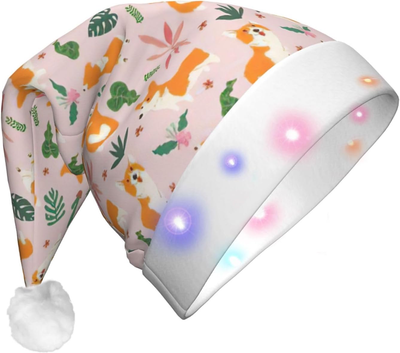 Small Corgi Print LED Santa Hat Plush for Adult