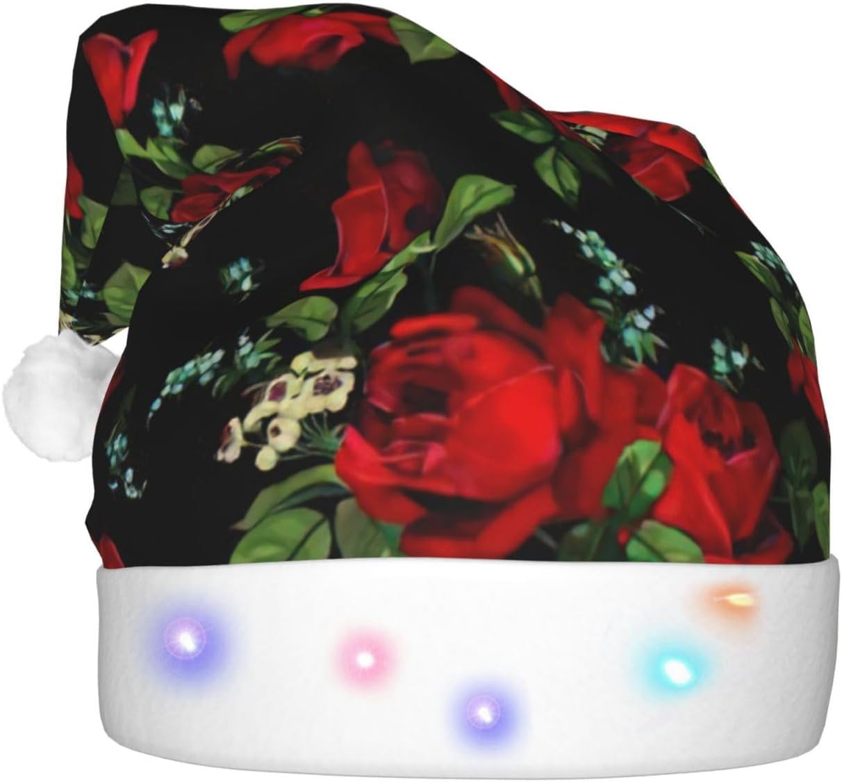 Beautiful Rose Print Christmas Santa Hat Plush Light Up Funny Adult Hat
