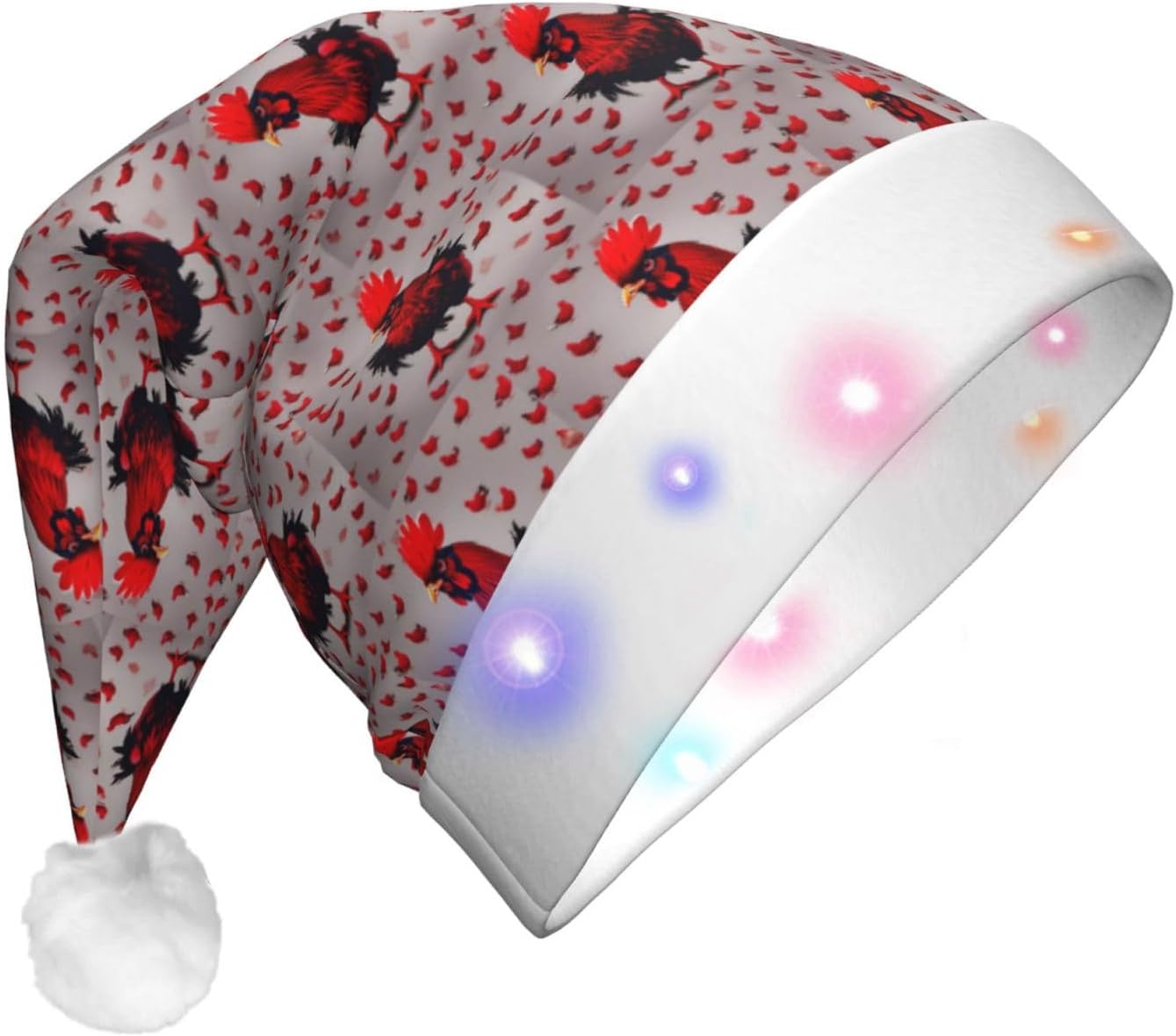 Red Chicken Print Christmas Santa Hat Plush LED Light Up Adult Party Hat
