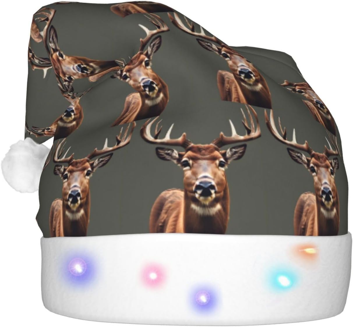 Beauty Deer Print Christmas Santa Hat Plush Light Up Funny Adult Party Hat