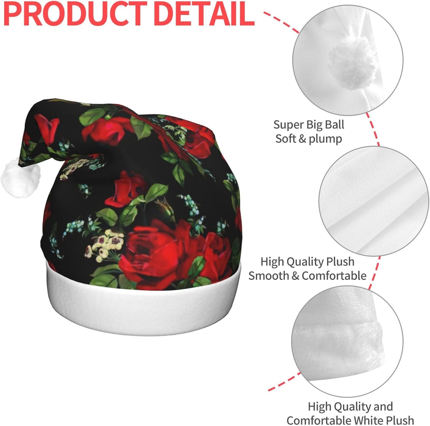 Beautiful Rose Print Christmas Santa Hat Plush Light Up Funny Adult Hat