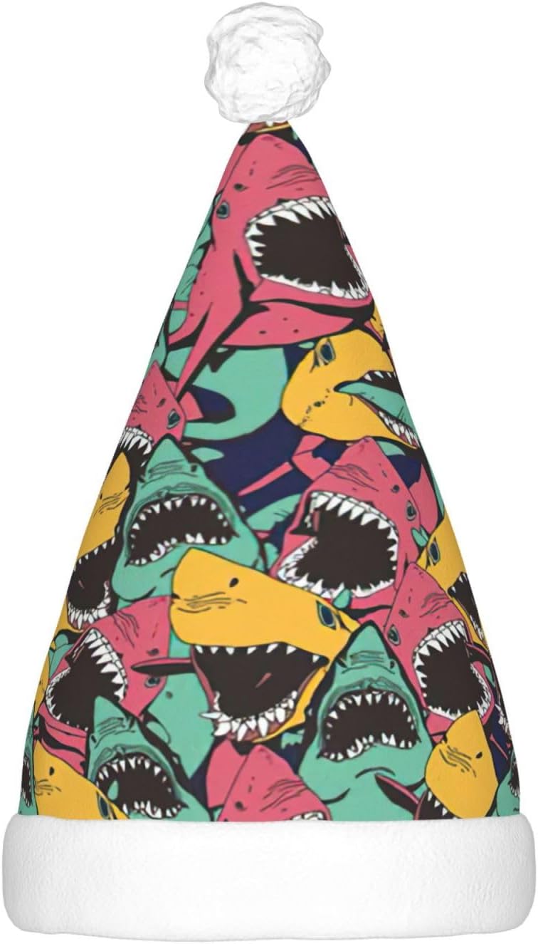 Shark Pattern Christmas Santa Plush Light Up Hat for Adults