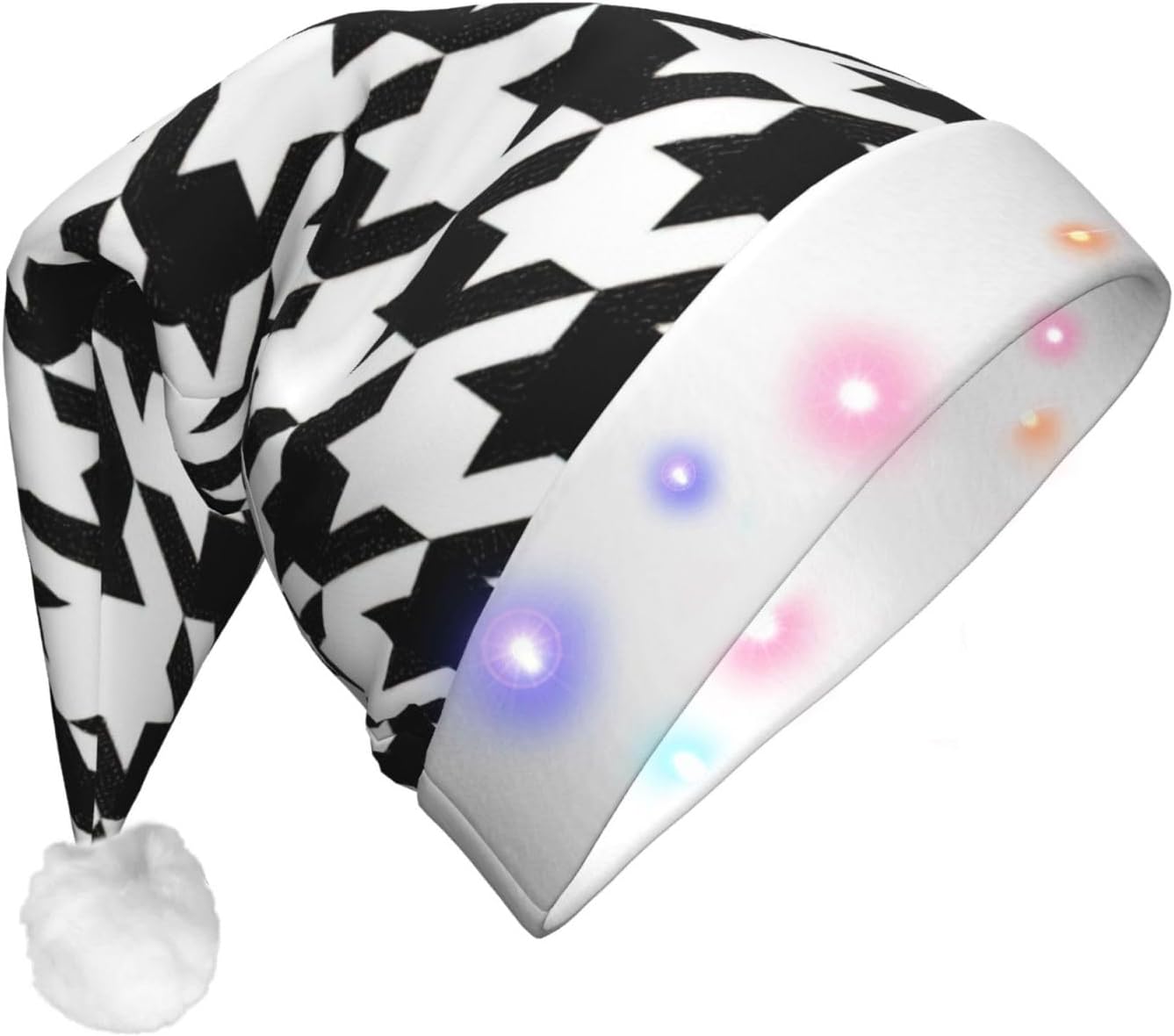 Houndstooth Black Print Christmas Santa Hat Plush Light Up Funny Adult Party Hat
