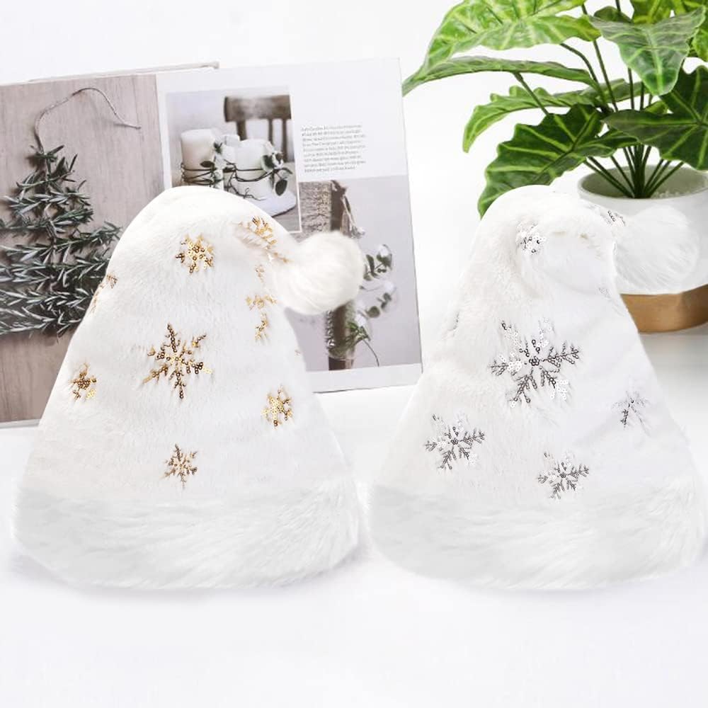 Flash Santa Hat for Adults Unisex White Plush Christmas Headwear with Snowflakes