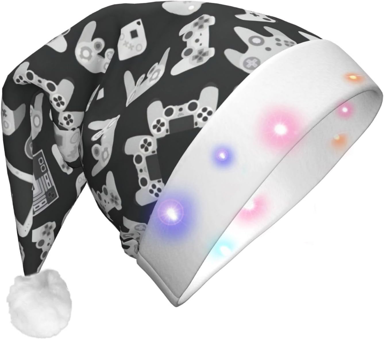 Game Controller Print Christmas Santa Hat Plush Light Up Funny Adult Hat