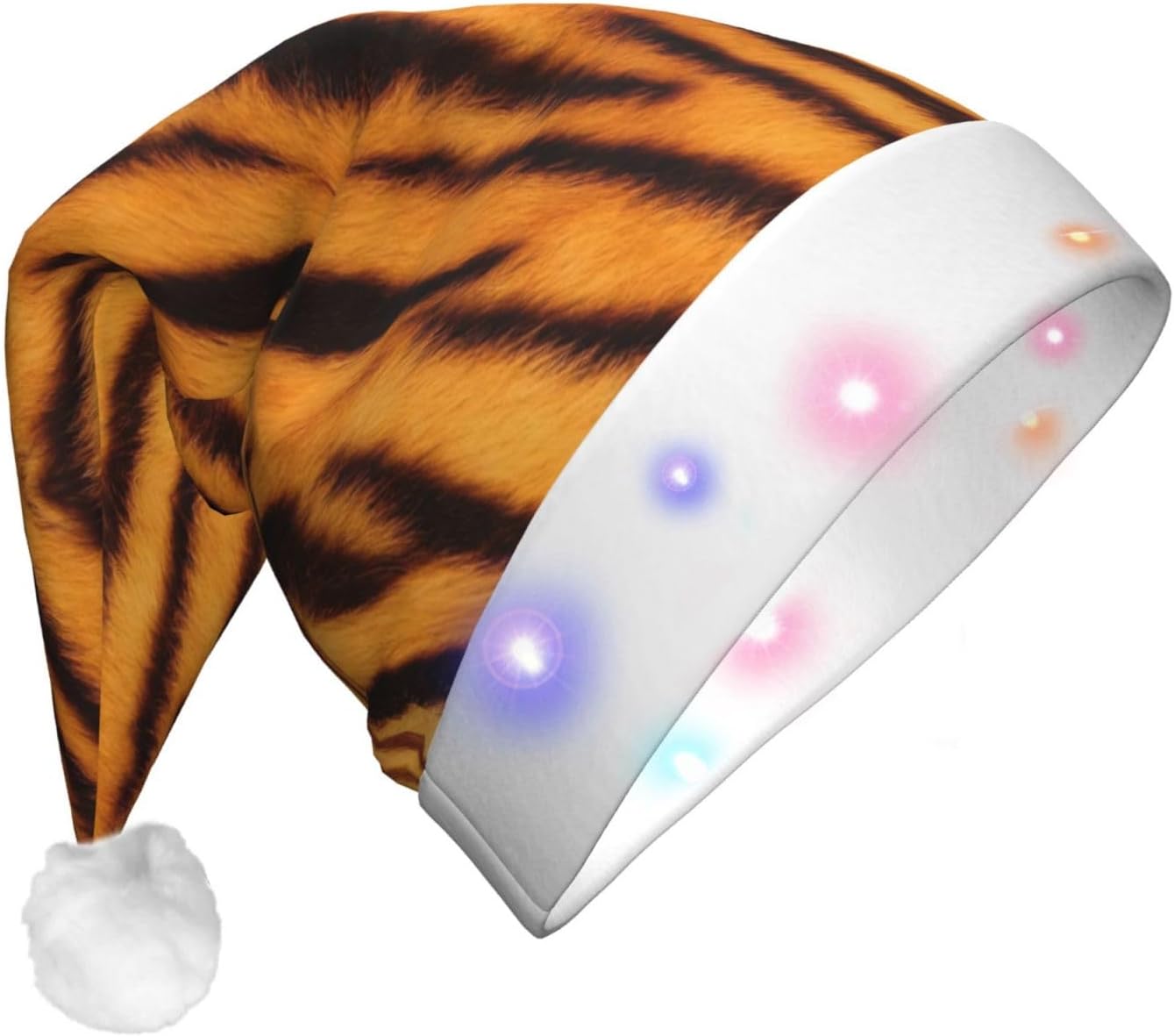 Tiger Striped Christmas Santa Hat Plush Light Up for Adult