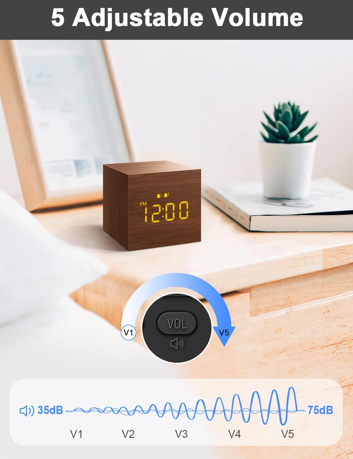 Wooden Digital Alarm Clock with 3 Alarms