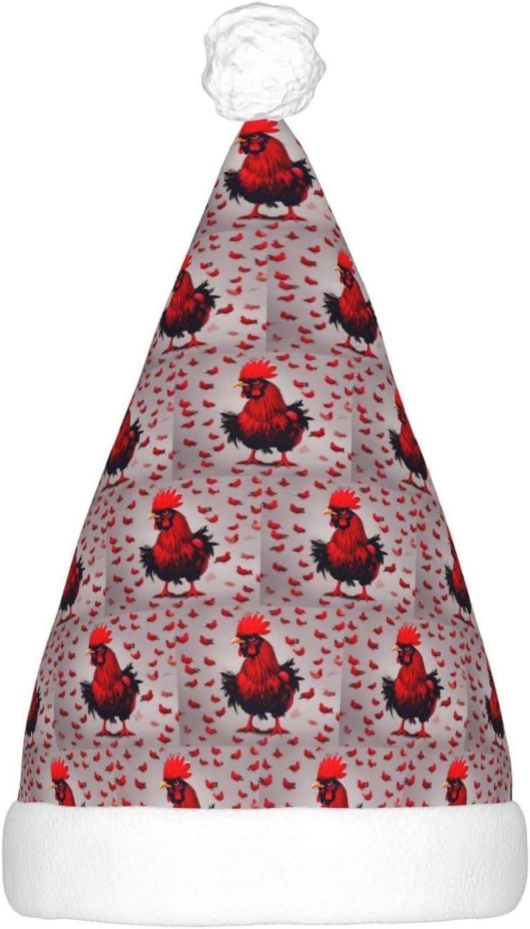 Red Chicken Print Christmas Santa Hat Plush LED Light Up Adult Party Hat