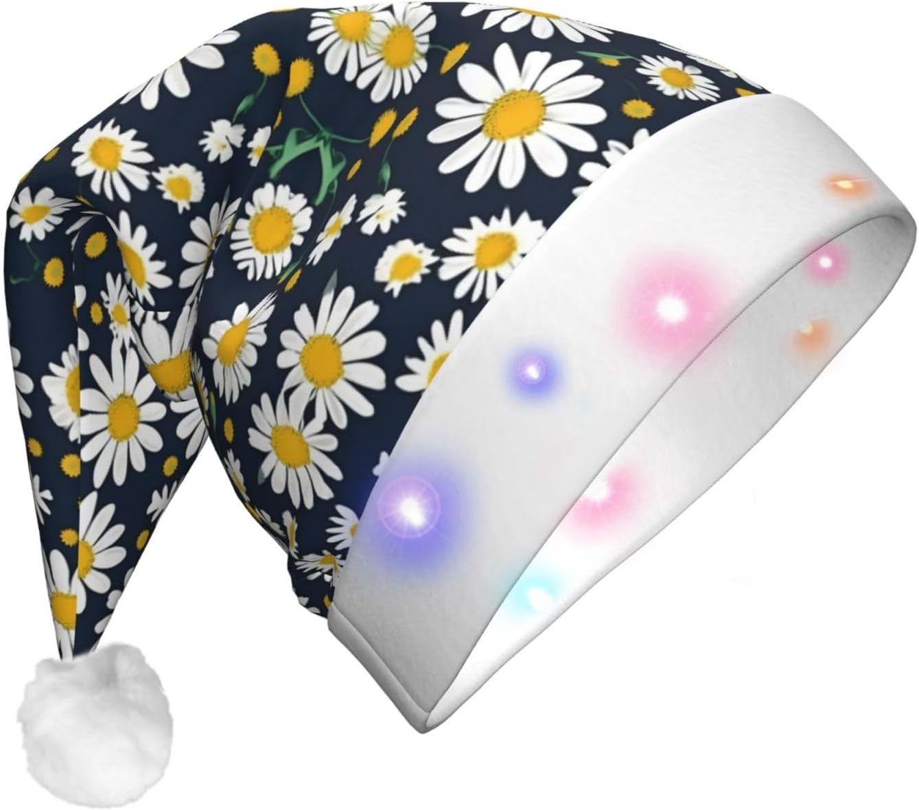 Floral Daisies Print LED Christmas Santa Hat for Adults