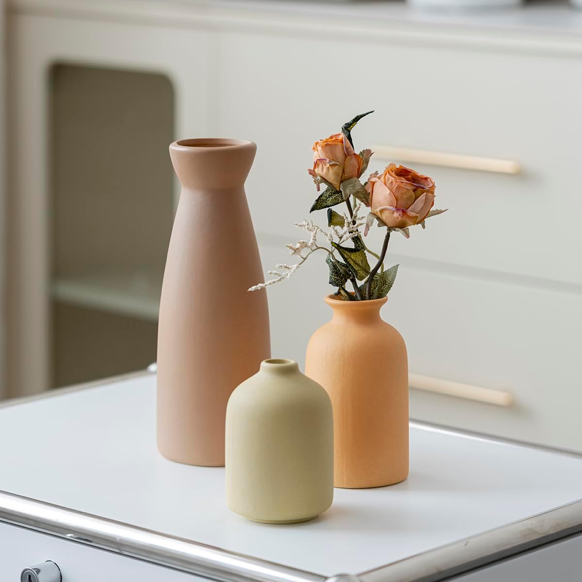 Distressed Ceramic Vase Set of 3 Modern Bohemian Decor