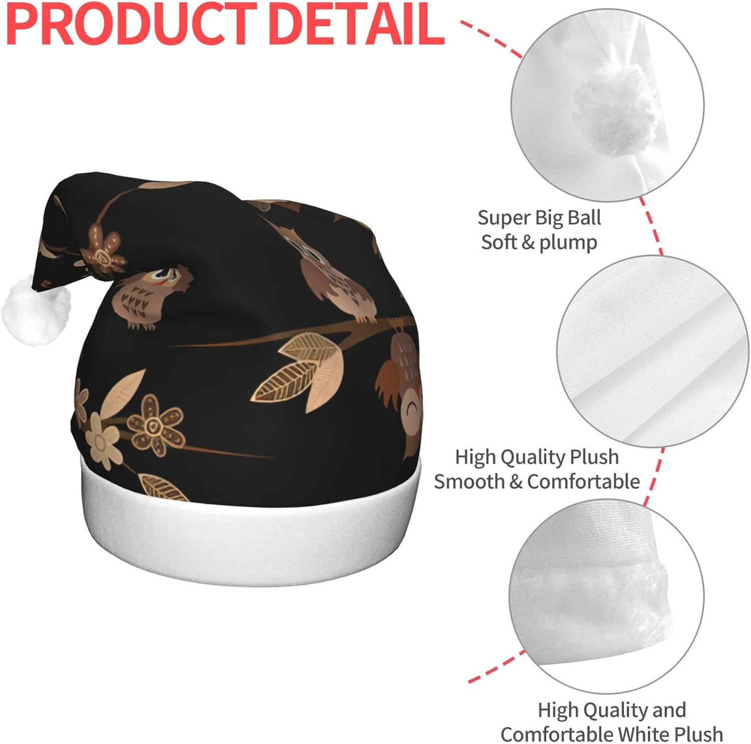 Cute Brown Cartoon Owls Christmas Santa Hat Plush Light Up Adult Party Hat