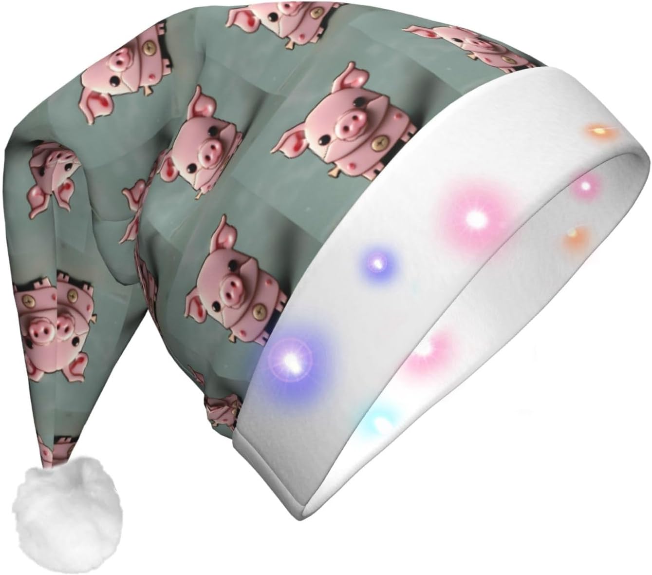 Pink Pig Print Christmas Santa Hat Plush Light Up for Adult
