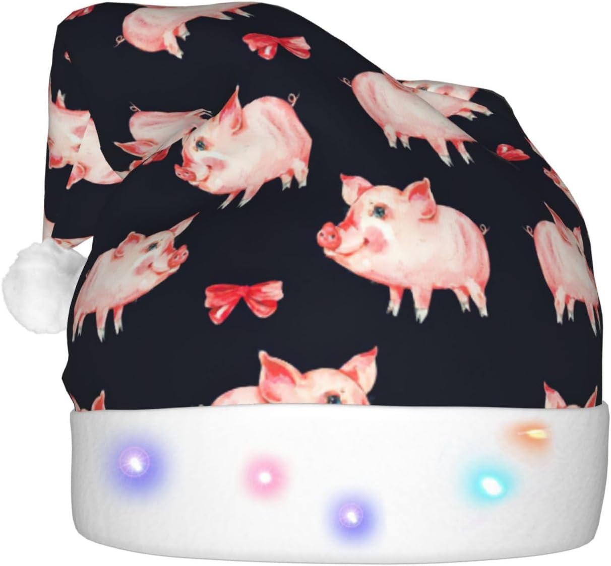 Red Cute Piggy Print LED Light-Up Santa Hat for Adults