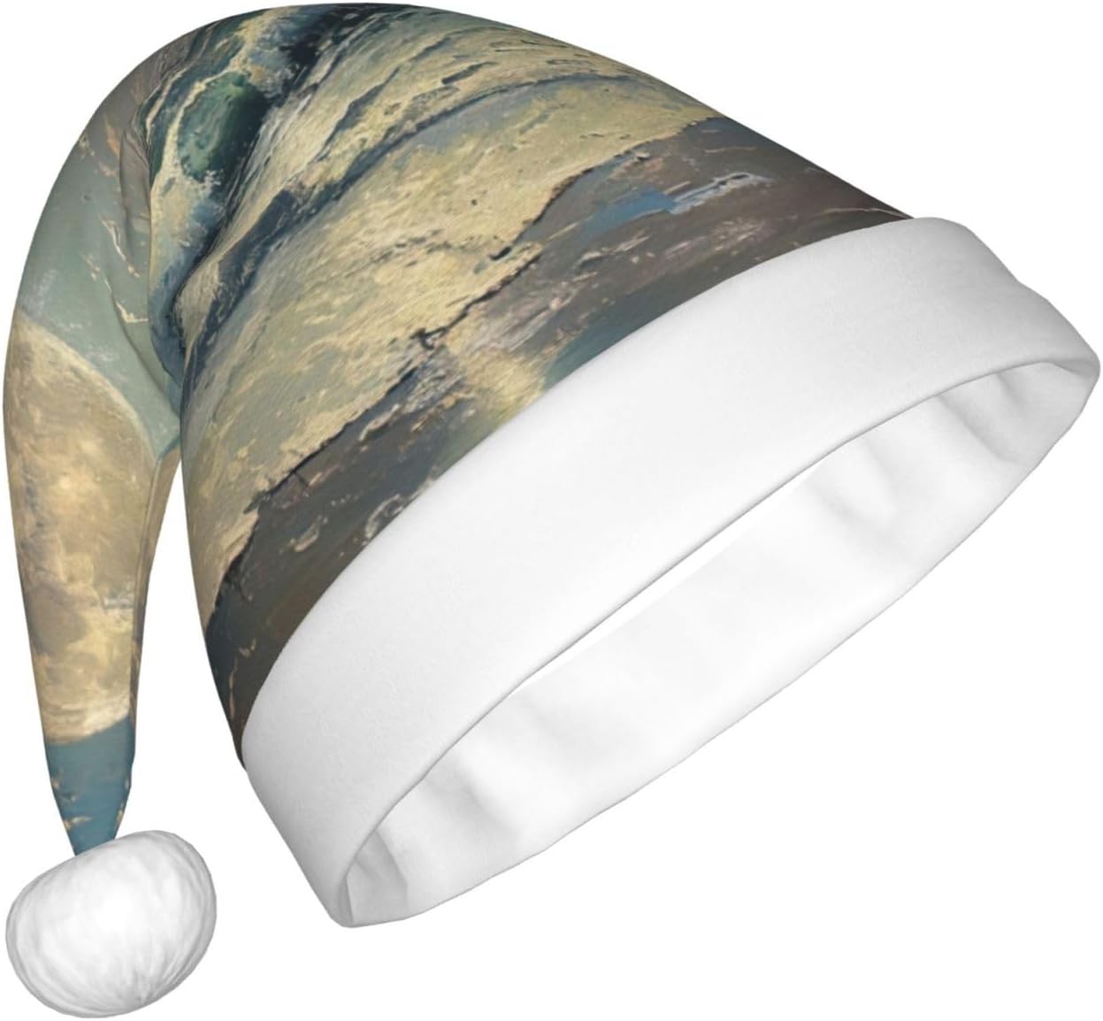 Moon and Sea Print Christmas Santa Hat Plush for Adults