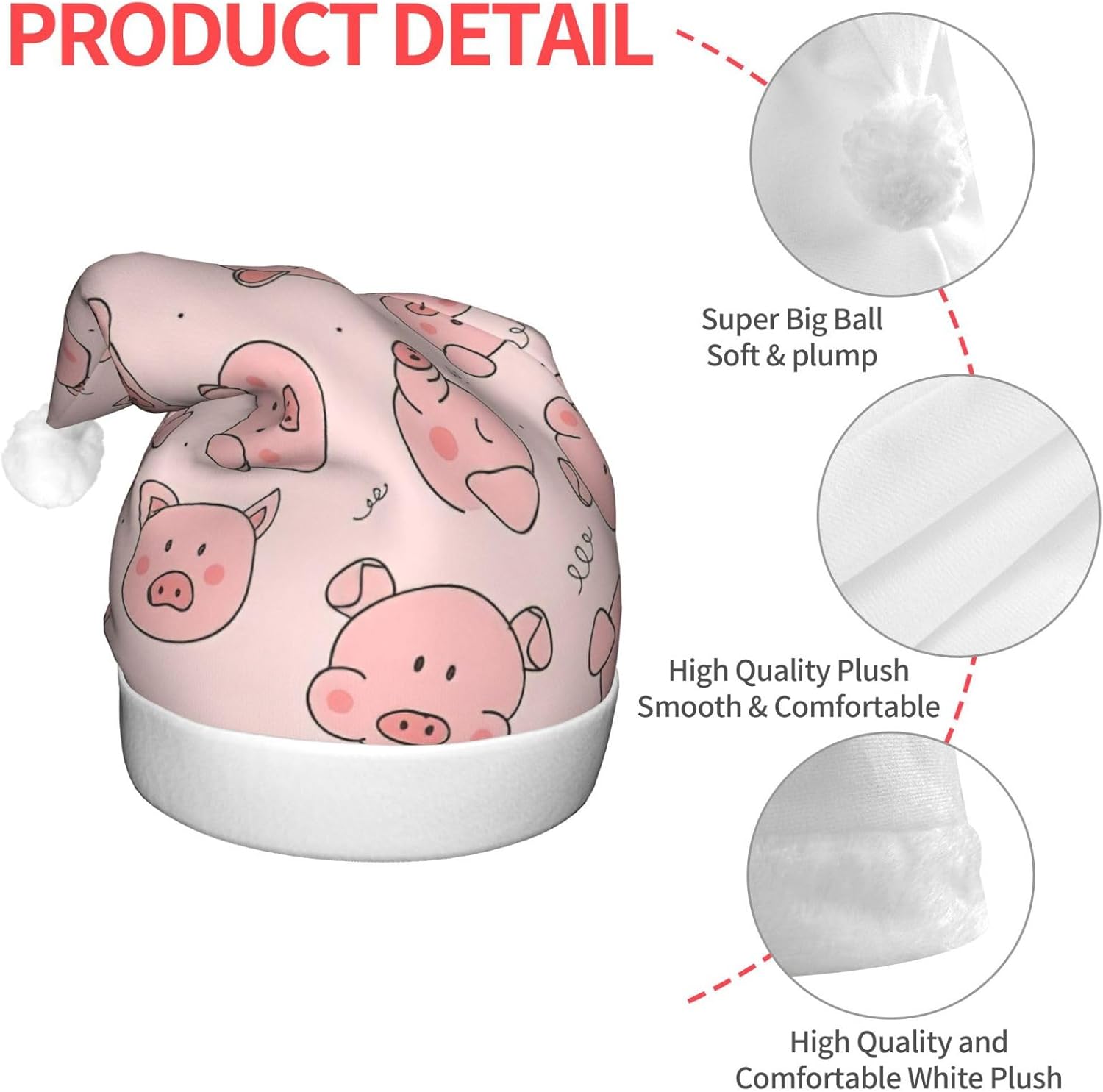 Pink Cute Pig Print LED Christmas Santa Hat Plush for Adults