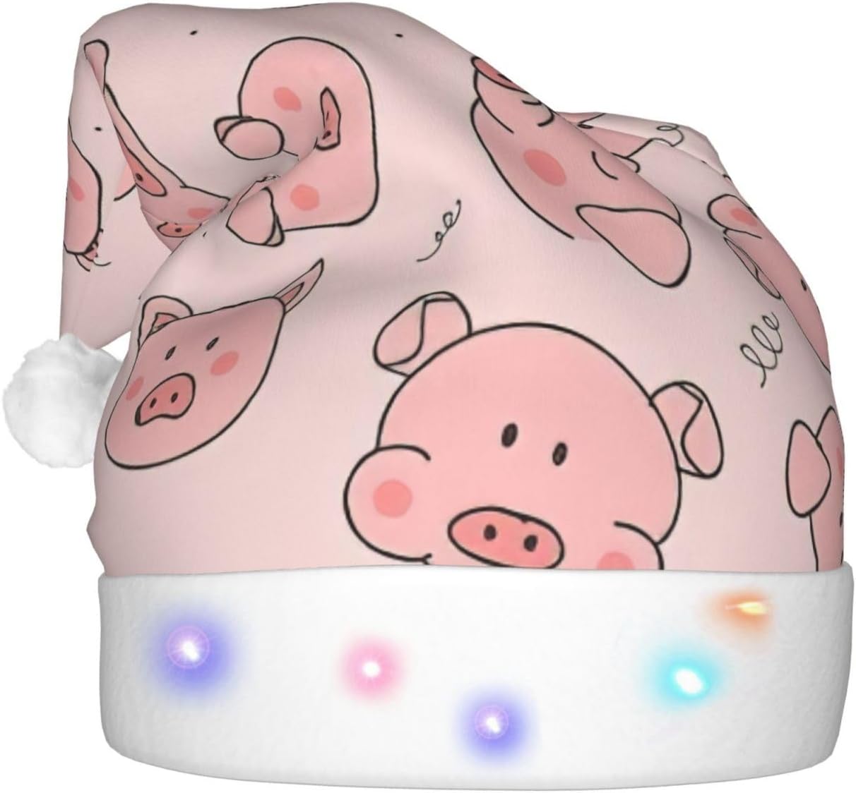 Pink Cute Pig Print LED Christmas Santa Hat Plush for Adults