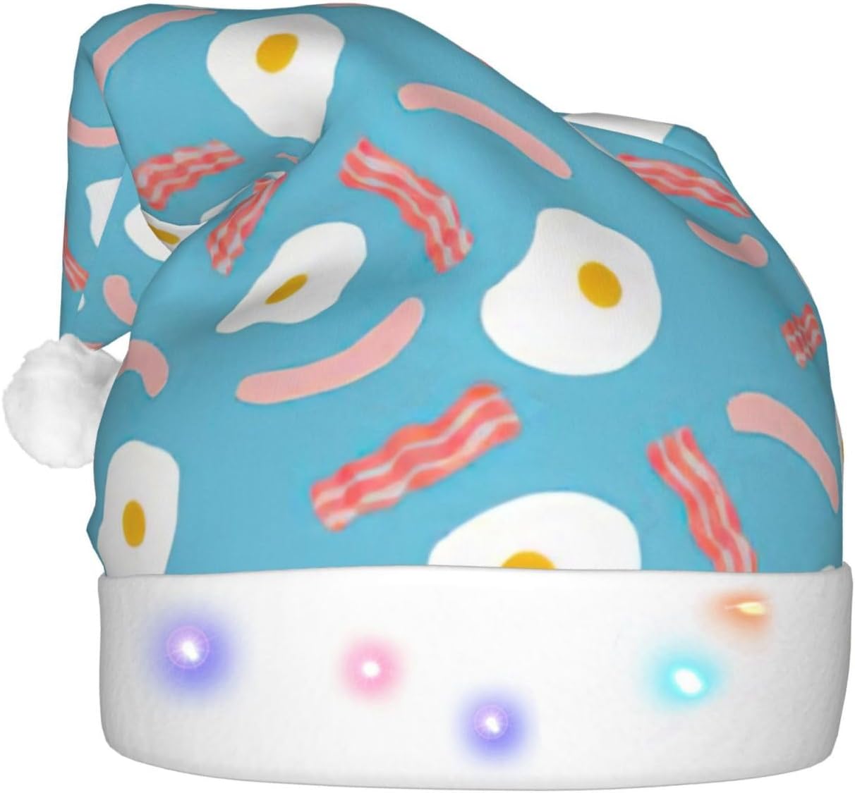 Hot Dog Egg Print Christmas Santa Hat Plush Light Up for Adults