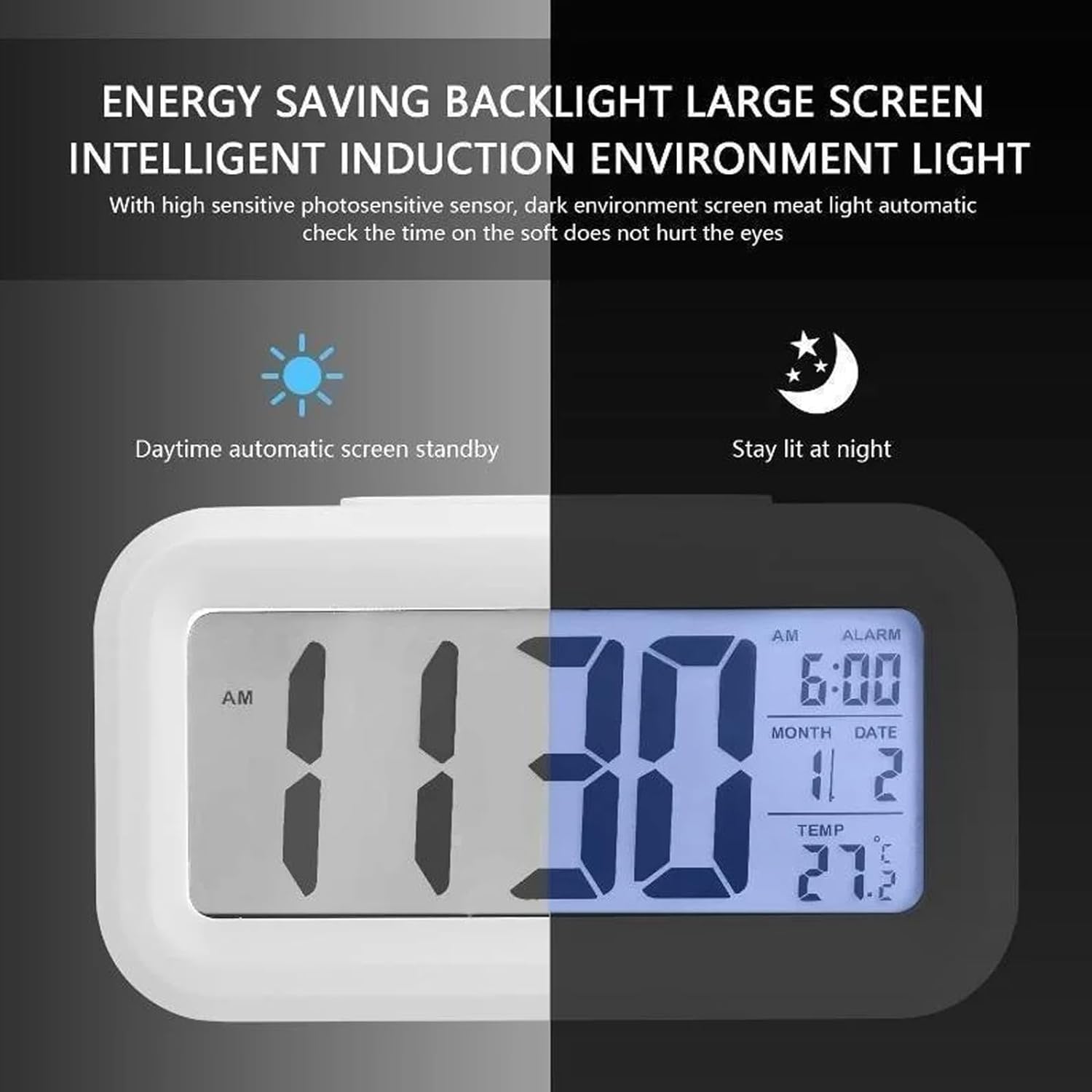 Hooporia White Digital Alarm Clock with LCD Screen and Snooze