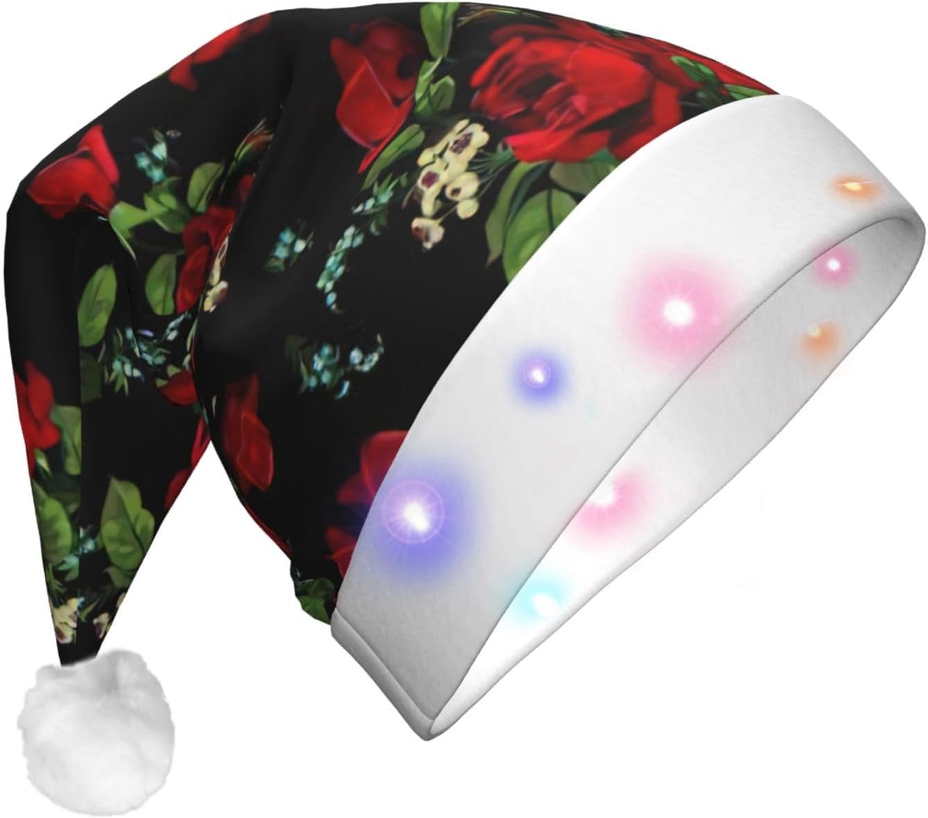 Beautiful Rose Print Christmas Santa Hat Plush Light Up Funny Adult Hat