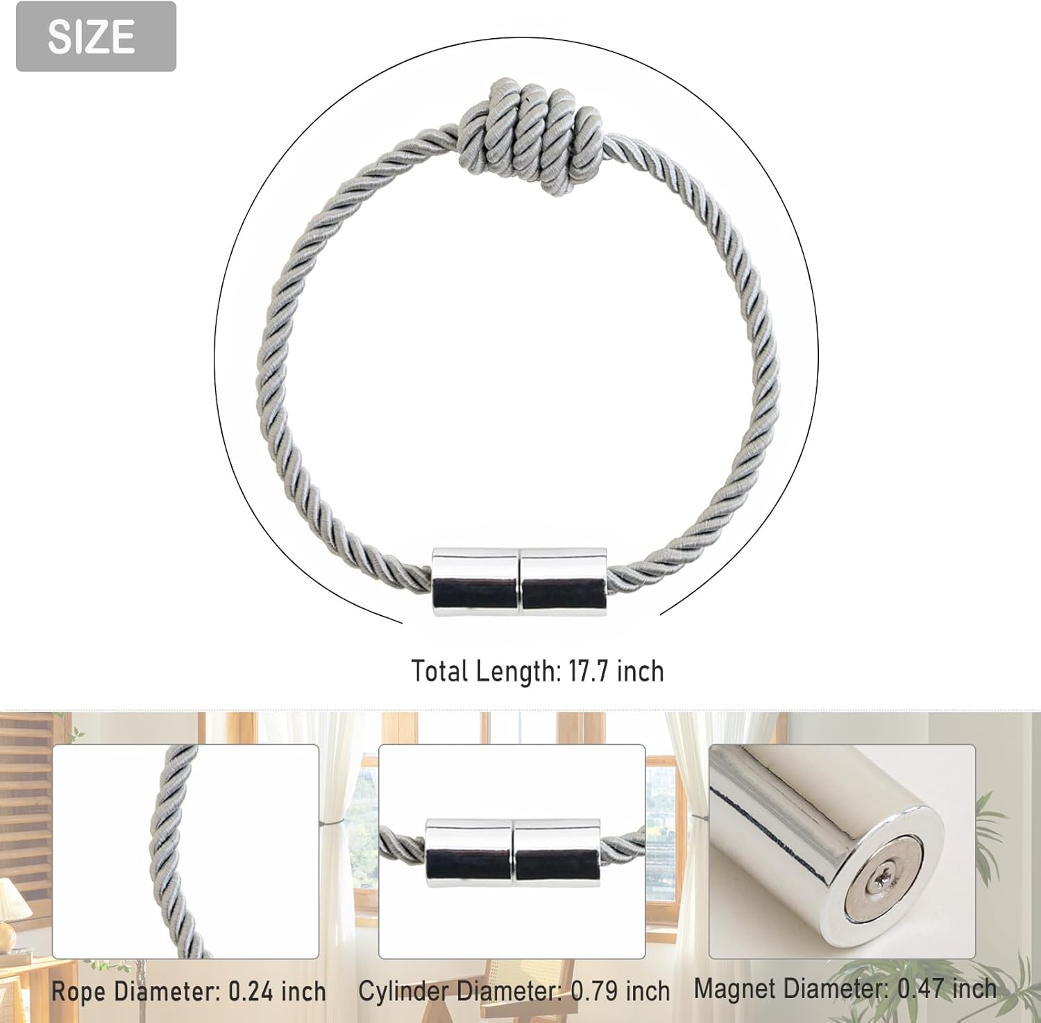 Contoeey Magnetic Curtain Tiebacks - 8 Pack Grey