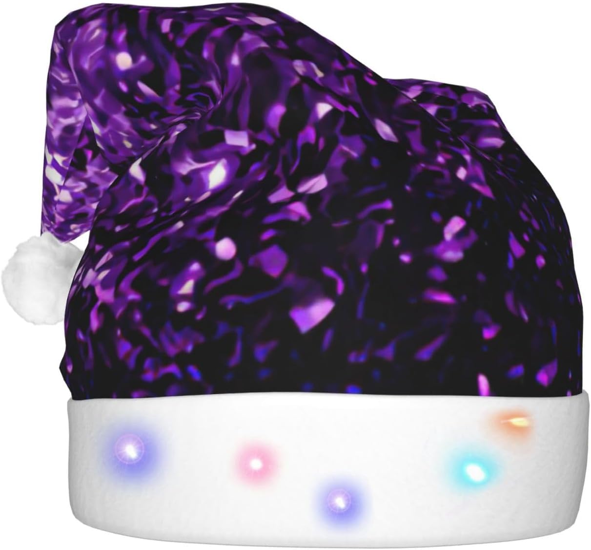 Vibrant Purple Glitter Print LED Christmas Hat For Adults