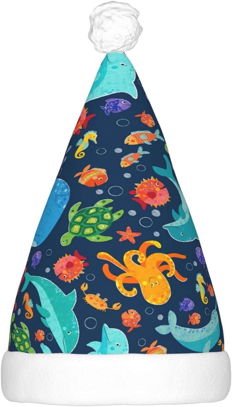 Ocean Whale Fish Octopus Print Christmas Santa Hat for Adults