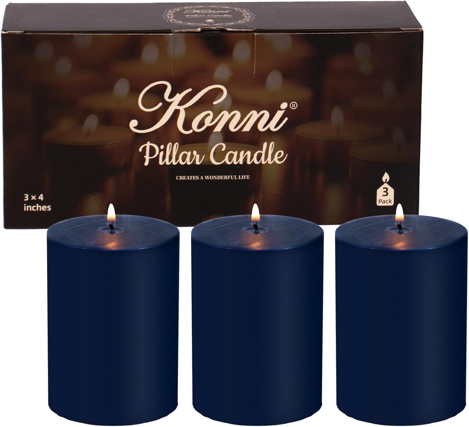 KONNI Navy Blue Pillar Candles Set of 3 3x4