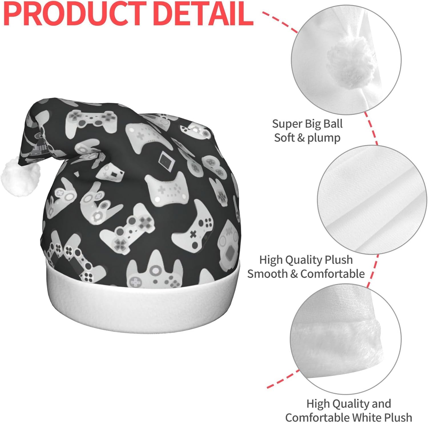 Game Controller Print Christmas Santa Hat Plush Light Up Funny Adult Hat